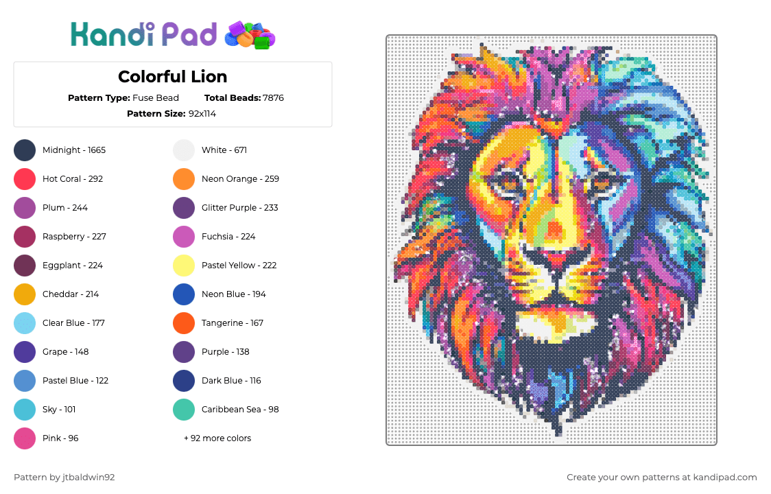 Colorful Lion - Fuse Bead Pattern by jtbaldwin92 on Kandi Pad - purple,pink,orange,light blue,colorful