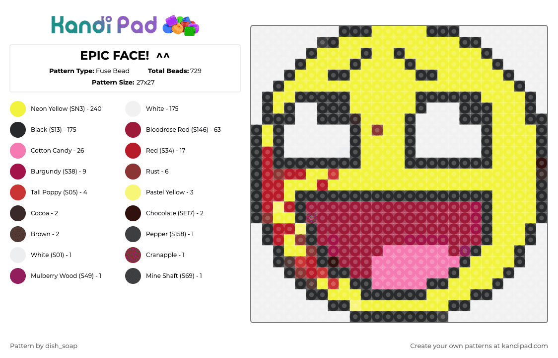 EPIC FACE!  ^^ - Fuse Bead Pattern by dish_soap on Kandi Pad - yellow,red
