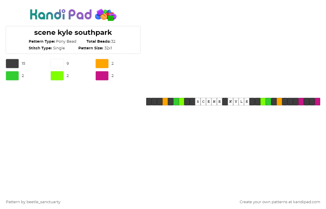 scene kyle southpark - Pony Bead Pattern by beetle_sanctuarty on Kandi Pad - white,green,south park,southpark,kyle,scene kyle,cartoon,single