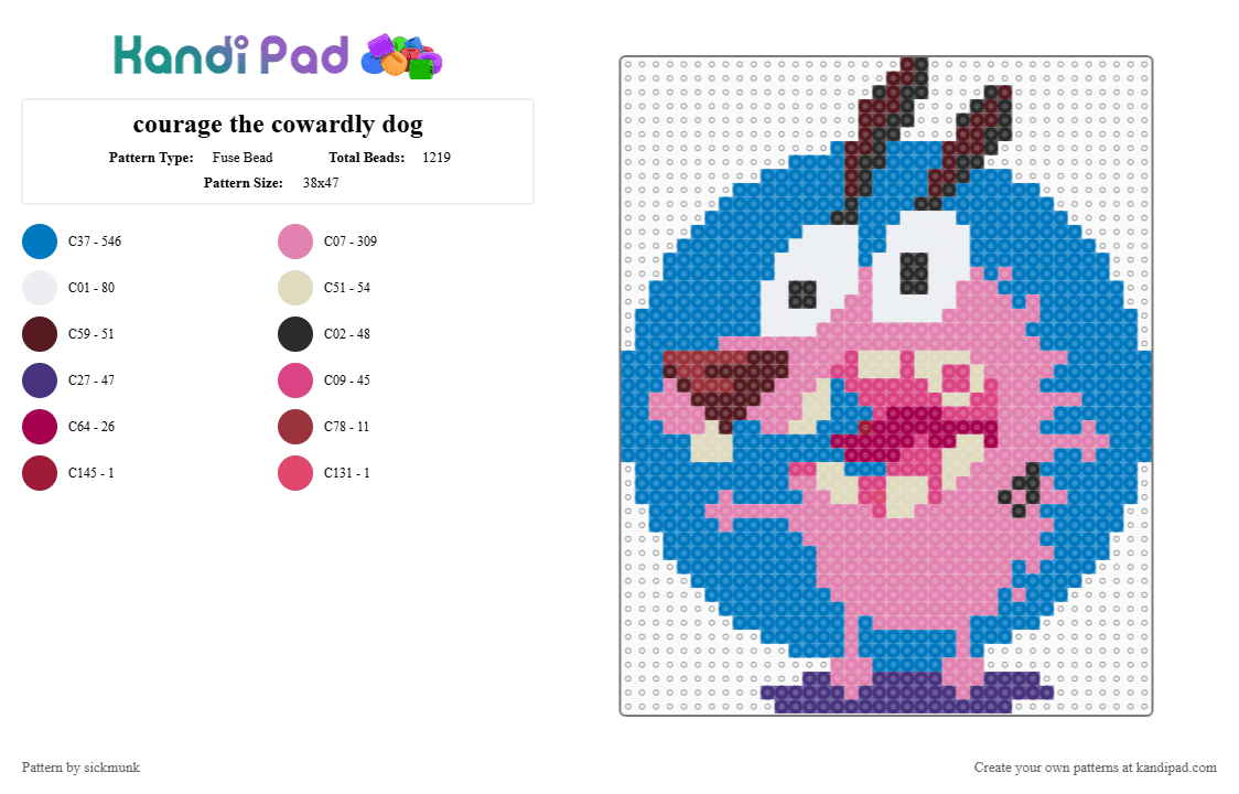 courage the cowardly dog - Fuse Bead Pattern by sickmunk on Kandi Pad - courage the cowardly dog,animal,tv show,character,cartoon,pink,blue,cartoon network,dog,courage