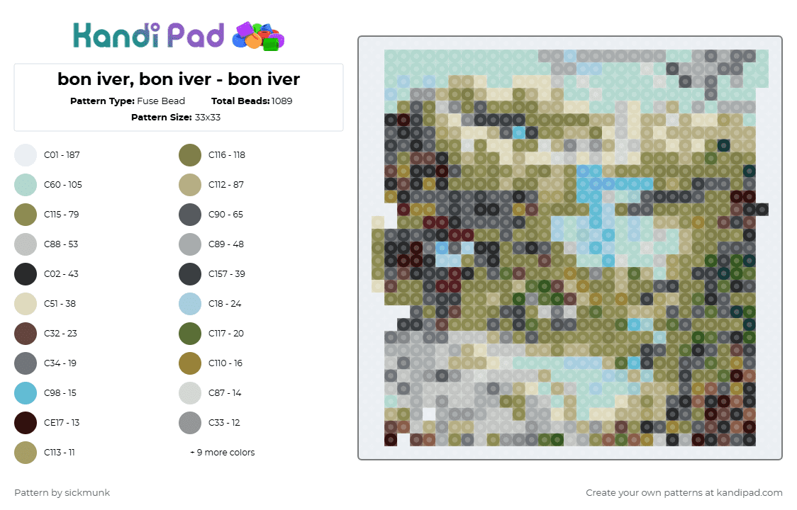 bon iver, bon iver - bon iver - Fuse Bead Pattern by sickmunk on Kandi Pad - light blue,gray,beige,gold