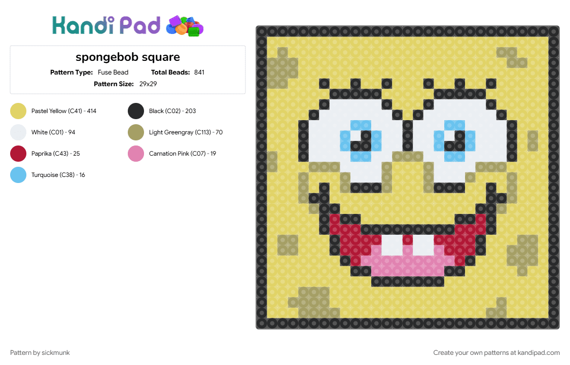 spongebob square - Fuse Bead Pattern by sickmunk on Kandi Pad - cartoon, character, nickelodeon, spongebob, spongebob squarepants, yellow