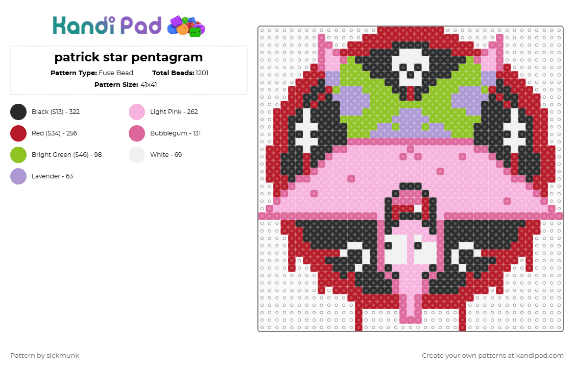 patrick star pentagram - Fuse Bead Pattern by sickmunk on Kandi Pad - cartoon,character,pink,patrick,spongebob,pentagram,bloody,star,witch,witchcraft,devil
