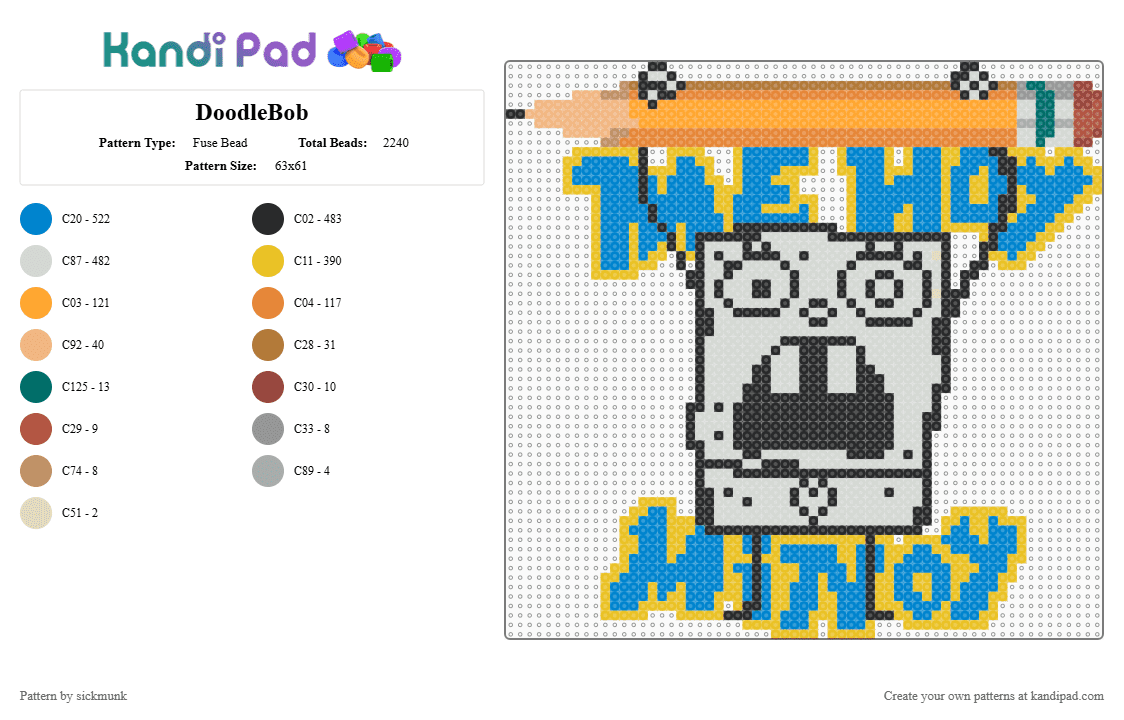 Doodlebob - Fuse Bead Pattern by sickmunk on Kandi Pad - orange,blue,yellow,doodlebob,spongebob,me hoy minoy,cartoon,patrick,pencil,doodle