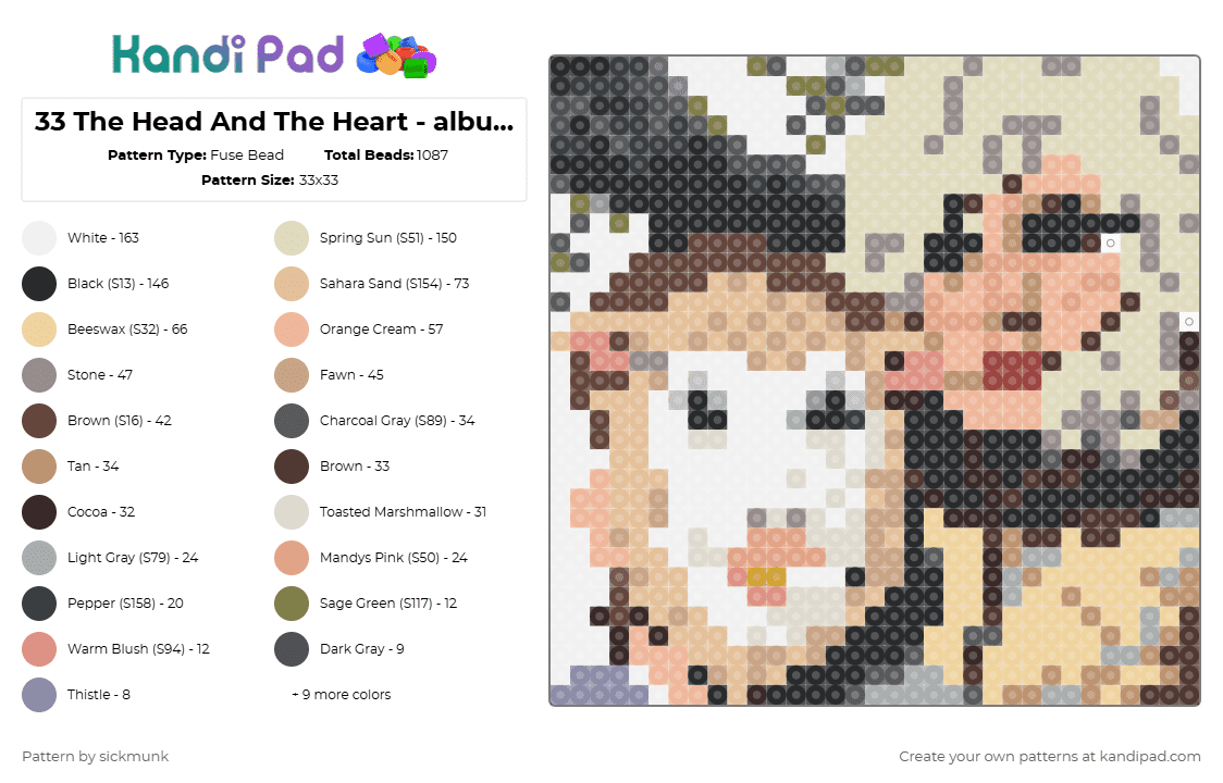 33 The Head And The Heart - album artwork - Fuse Bead Pattern by sickmunk on Kandi Pad - the head and the heart,album,album cover,music,folk,rivers and roads,indie