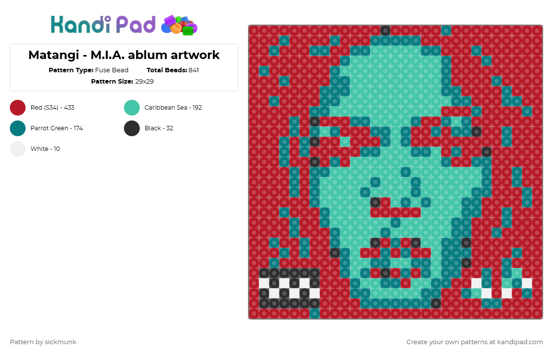 Matangi - M.I.A. album artwork - Fuse Bead Pattern by sickmunk on Kandi Pad - matangi,mia,bad girls,album,album cover,paper planes,music,indie,red,teal
