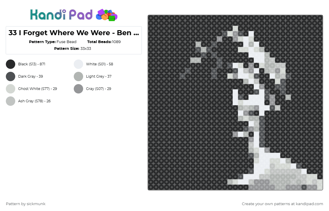 33 I Forget Where We Were - Ben Howard album artwork - Fuse Bead Pattern by sickmunk on Kandi Pad - black,gray,beige,ben howard,i forget where we were,music,indie,album,album cover