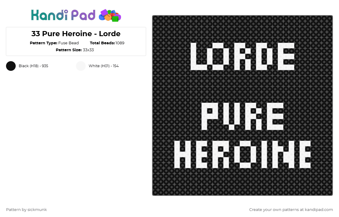 33 Pure Heroine - Lorde - Fuse Bead Pattern by sickmunk on Kandi Pad - black,lorde,pure heroine,royals,indie,album,album cover