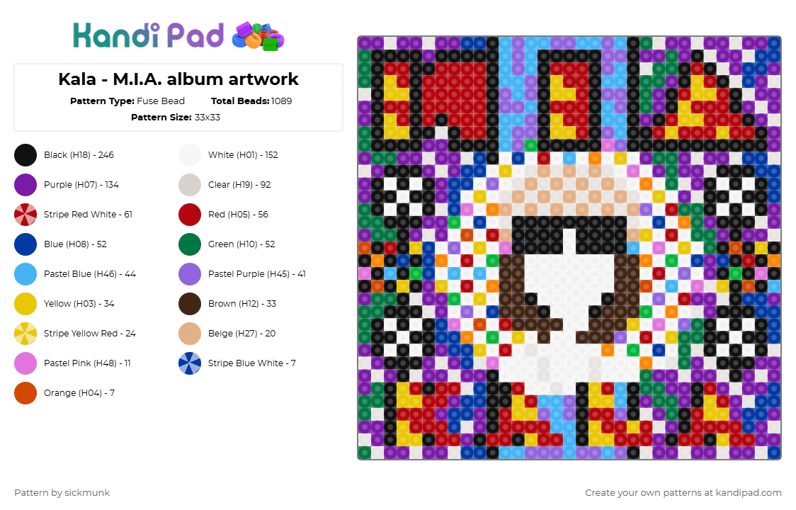 33 Kala - M.I.A. album artwork - Fuse Bead Pattern by sickmunk on Kandi Pad - album, album cover, bad girls, beige, colorful, green, indie, kala, mia, music, paper planes, purple