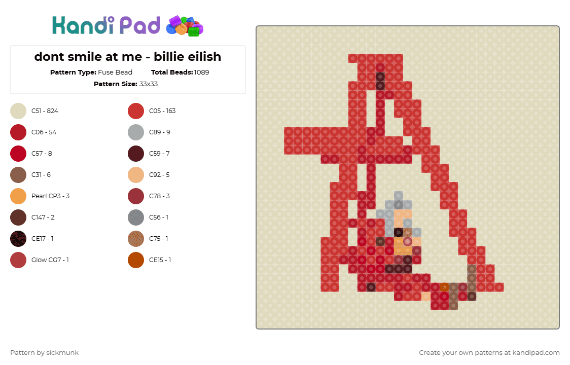 dont smile at me - billie eilish - Fuse Bead Pattern by sickmunk on Kandi Pad - 
