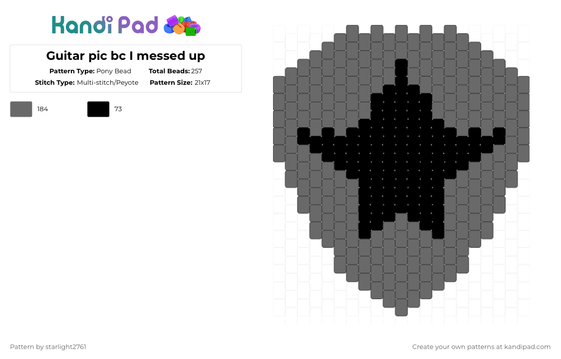 Guitar pic bc I messed up - Pony Bead Pattern by starlight2761 on Kandi Pad - gray,black