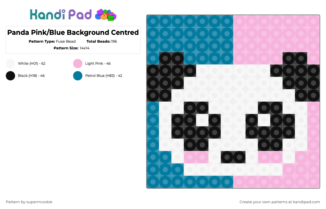 Panda Pink/Blue Background Centred - Fuse Bead Pattern by superrrcookie on Kandi Pad - blue,pink