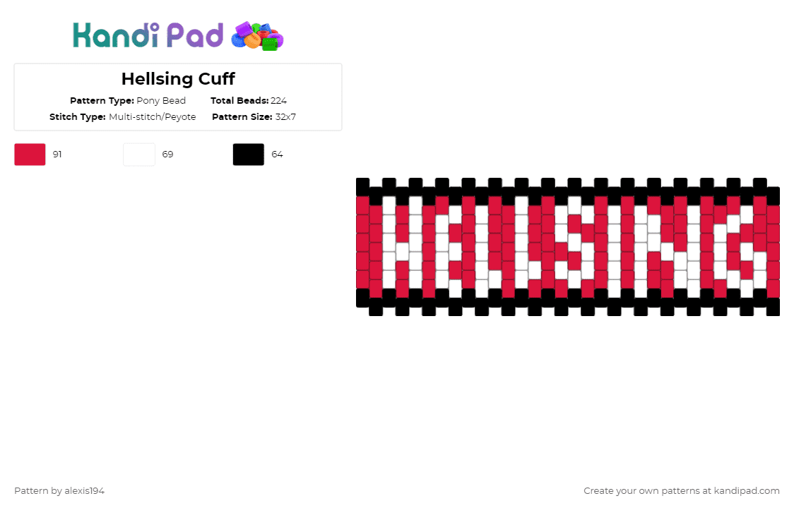 Hellsing Cuff - Pony Bead Pattern by alexis194 on Kandi Pad - anime, hellsing, peyote cuff, red, white