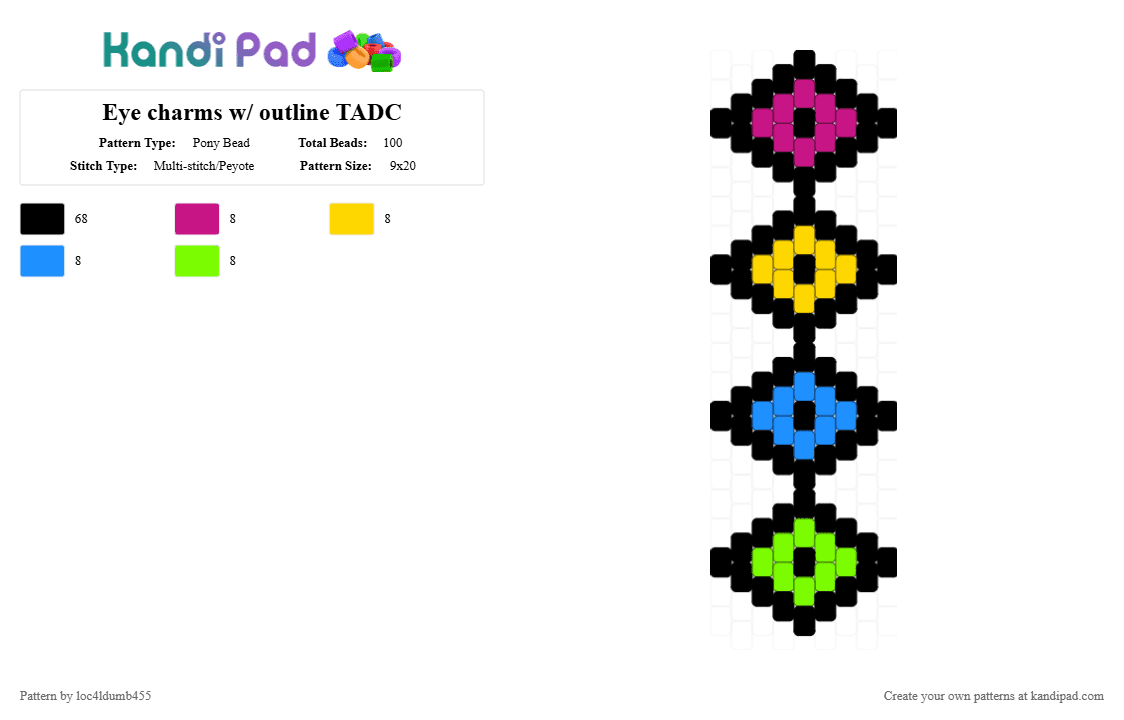 Eye charms w/ outline TADC - Pony Bead Pattern by loc4ldumb455 on Kandi Pad - black,yellow,green,colorful,eyes,pink,blue,tadc