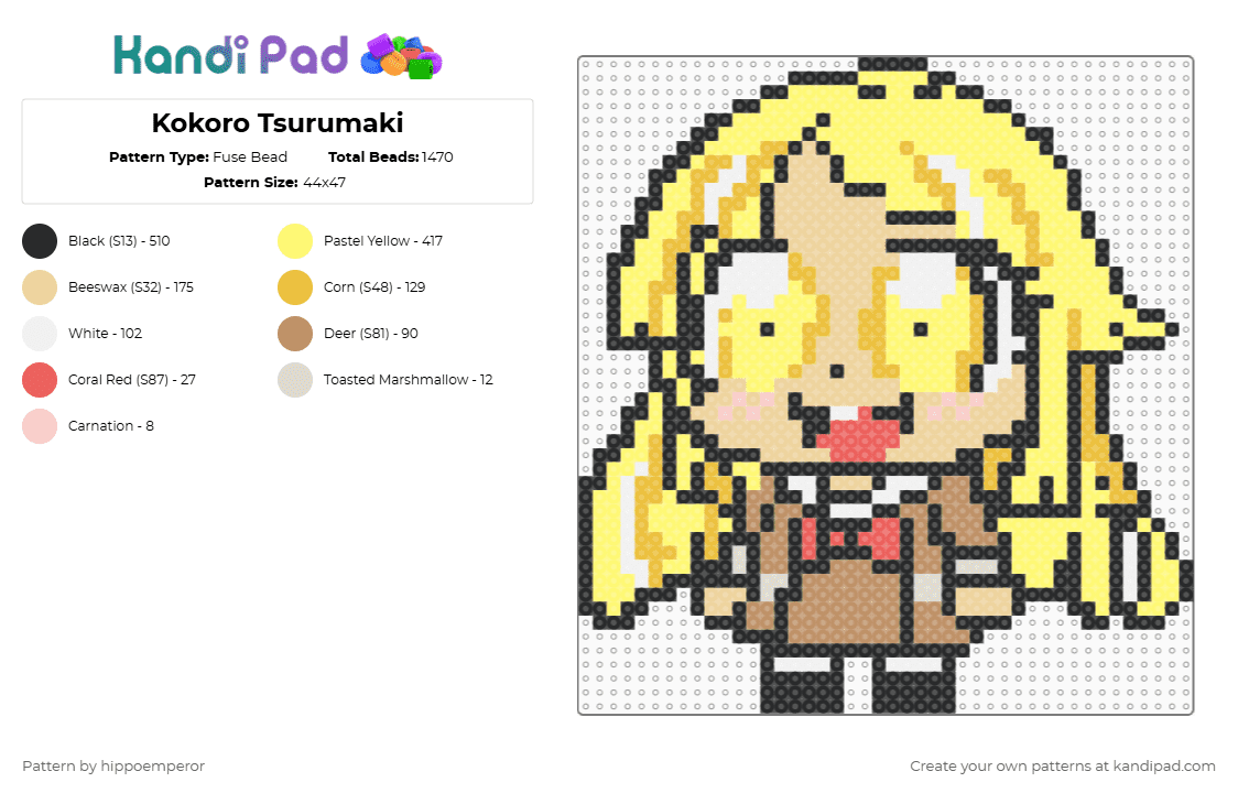 Kokoro Tsurumaki - Fuse Bead Pattern by hippoemperor on Kandi Pad - yellow