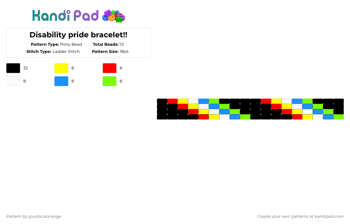 Disability pride bracelet!! - Pony Bead Pattern by yourlocalorange on Kandi Pad - yellow,red,light blue,green,disability,disabled,disabled pride,pride