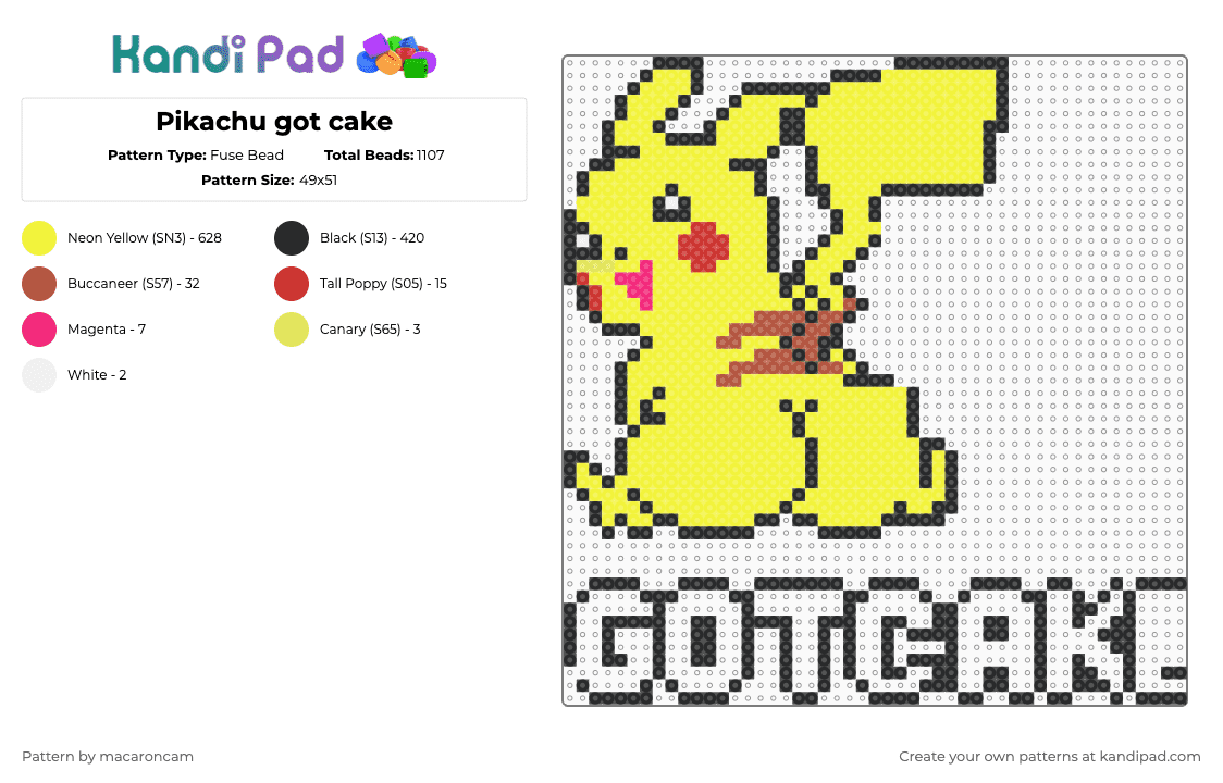 Pikachu got cake - Fuse Bead Pattern by macaroncam on Kandi Pad - yellow