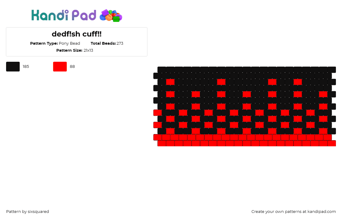 dedf!sh cuff!! - Pony Bead Pattern by sixsquared on Kandi Pad - dedf1sh,music,dj,splatoon,cuff,video game,bold,contrast,thematic,standout,red,bl