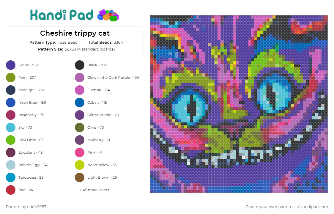 Cheshire trippy cat - Fuse Bead Pattern by eddie1987 on Kandi Pad - cheshire cat,alice in wonderland,trippy,spooky,whimsical,mesmerizing,enigmatic,vibrant,unique,purple,pink