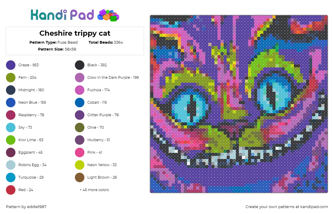 Cheshire trippy cat - Fuse Bead Pattern by eddie1987 on Kandi Pad - cheshire cat,alice in wonderland,trippy,spooky,whimsical,mesmerizing,enigmatic,v