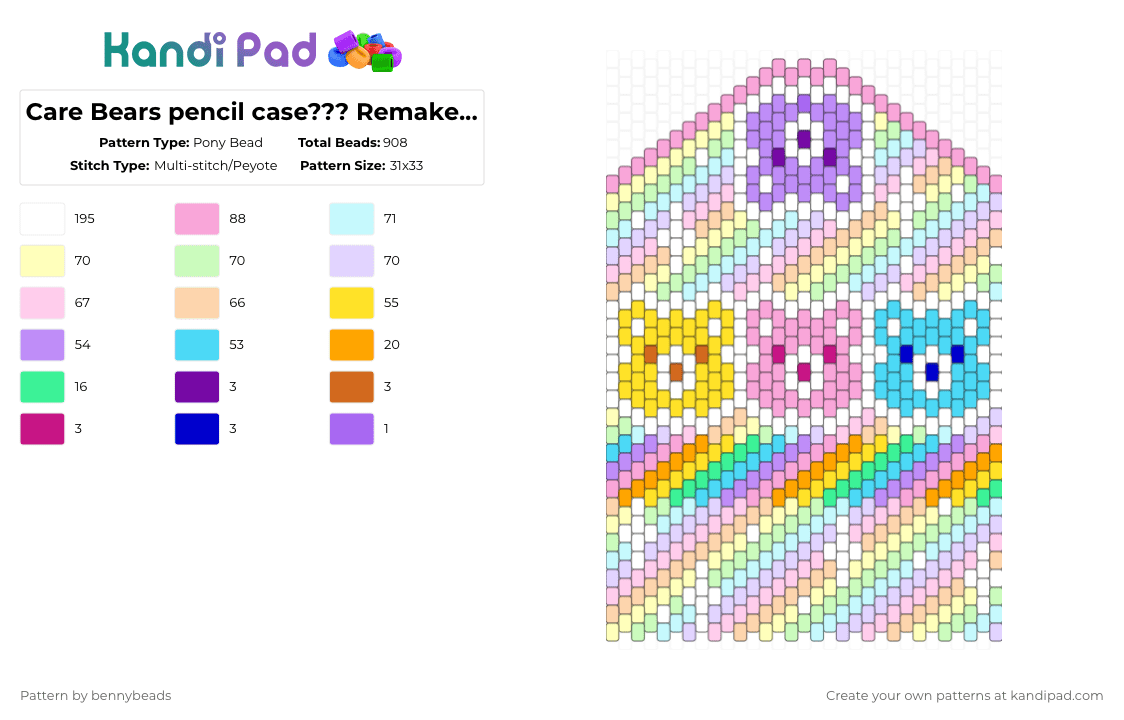 Care Bears pencil case 2.0 - Pony Bead Pattern by bennybeads on Kandi Pad - pink,yellow,light blue