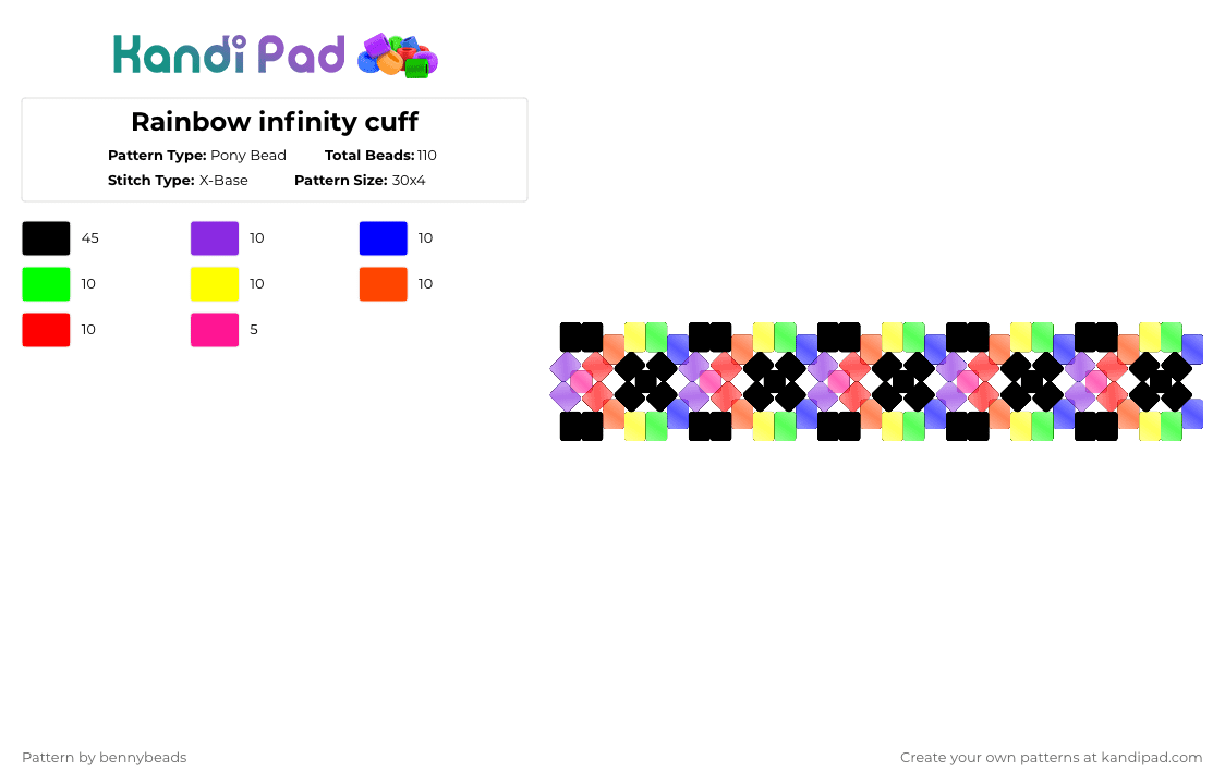 Rainbow infinity cuff - Pony Bead Pattern by bennybeads on Kandi Pad - purple,red,rainbow,cuff