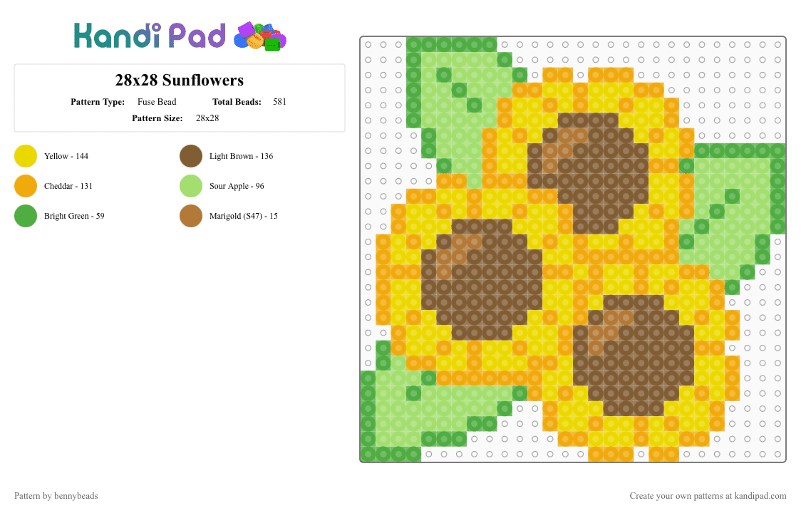 28x28 Sunflowers - Fuse Bead Pattern by bennybeads on Kandi Pad - green,yellow,tan,flower,sunflower