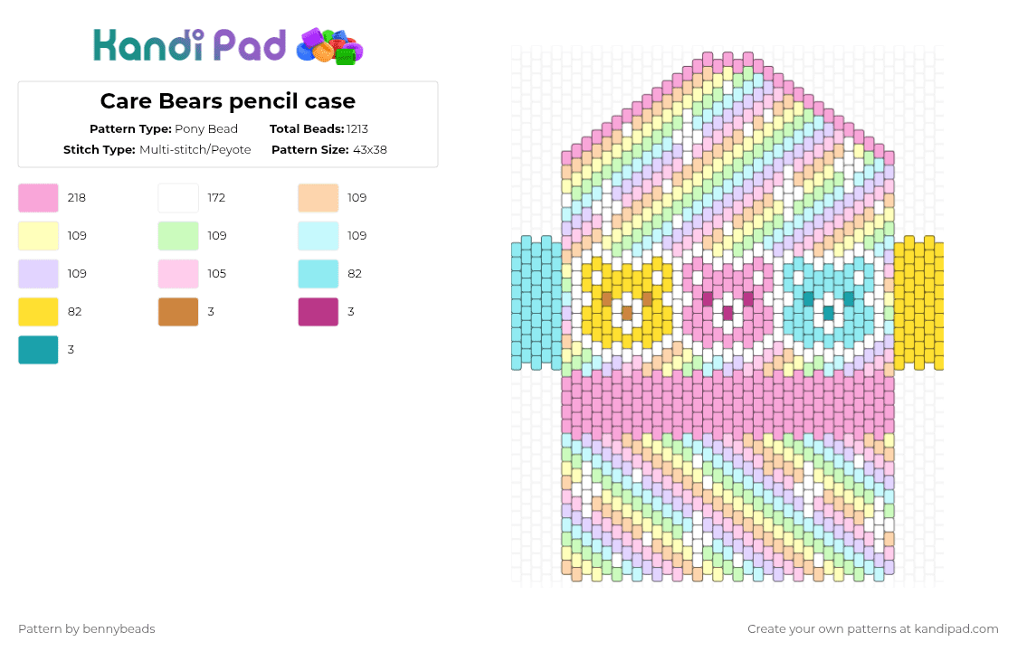 Care Bears pencil case - Pony Bead Pattern by bennybeads on Kandi Pad - pink,yellow,light blue