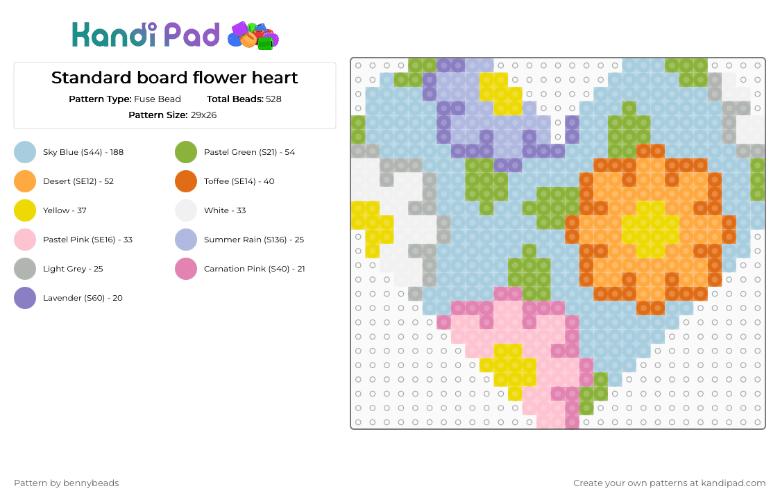 Standard board flower heart - Fuse Bead Pattern by bennybeads on Kandi Pad - pink,light blue,orange,flower,heart