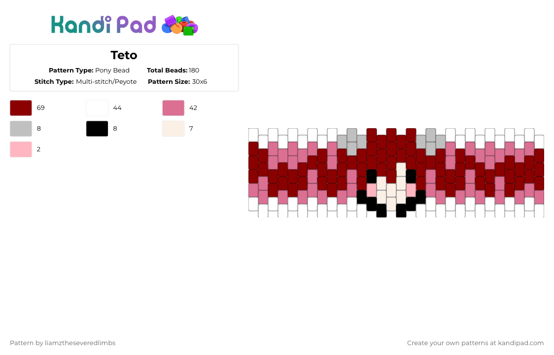 Teto - Pony Bead Pattern by liamztheseveredlimbs on Kandi Pad - red,pink,vocaloid,teto,kasane teto,miku