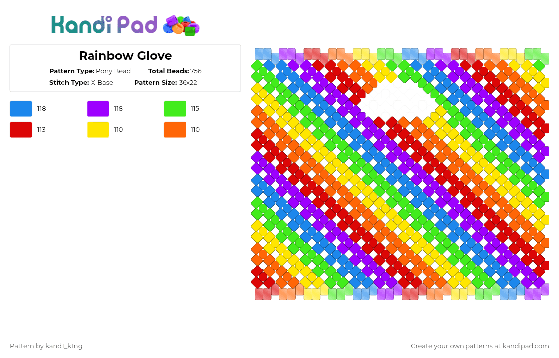 Rainbow Glove - Pony Bead Pattern by kand1_k1ng on Kandi Pad - green,purple,red,colorful,glove,xbase,rainbow,decora,pride