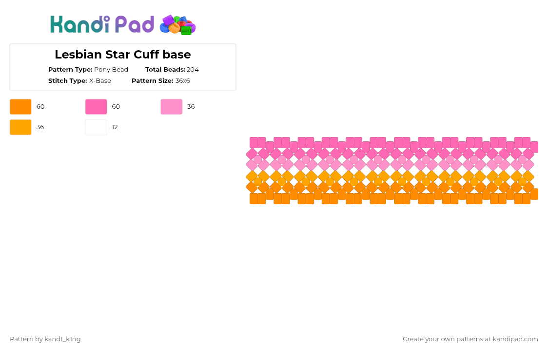 Lesbian Star Cuff base - Pony Bead Pattern by kand1_k1ng on Kandi Pad - orange,pink,lesbian,queer,lgbtq,star,star cuff,girl x girl,lesbian flag,cute