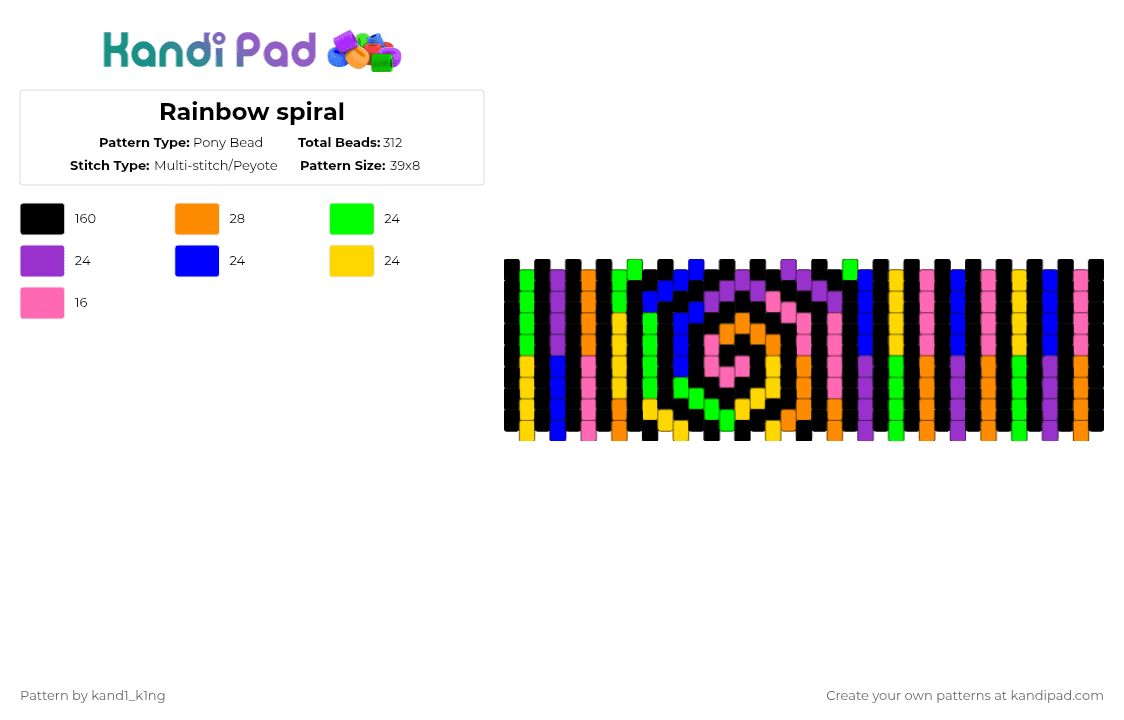 Rainbow spiral - Pony Bead Pattern by kand1_k1ng on Kandi Pad - black,purple