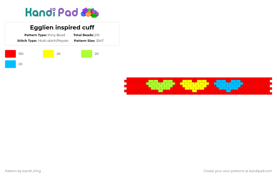 Egglien inspired cuff - Pony Bead Pattern by kand1_k1ng on Kandi Pad - red,cuff,kidcore,primary colors,colorful,bright,neon,heart,cute