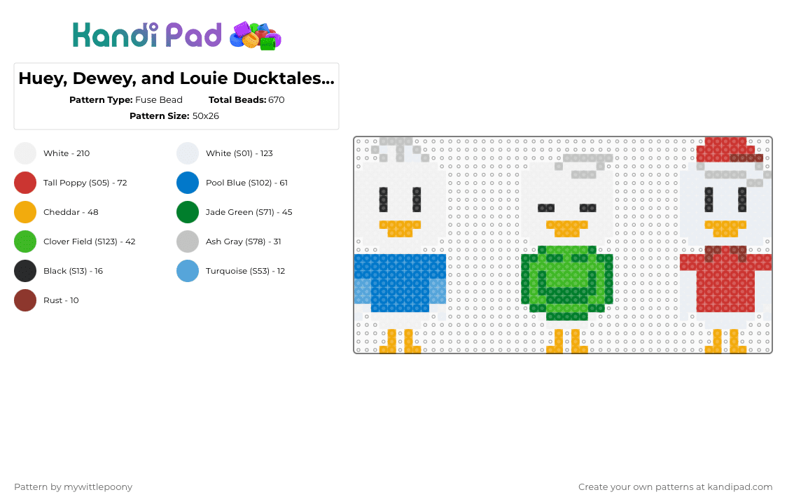 Huey, Dewey, and Louie Ducktales 2017 - Fuse Bead Pattern by mywittlepoony on Kandi Pad - white,green,blue,red,louieduck,ducktales,ducktales2017,cartoon,cartooncharacter,hueyduck,deweyduck,duck