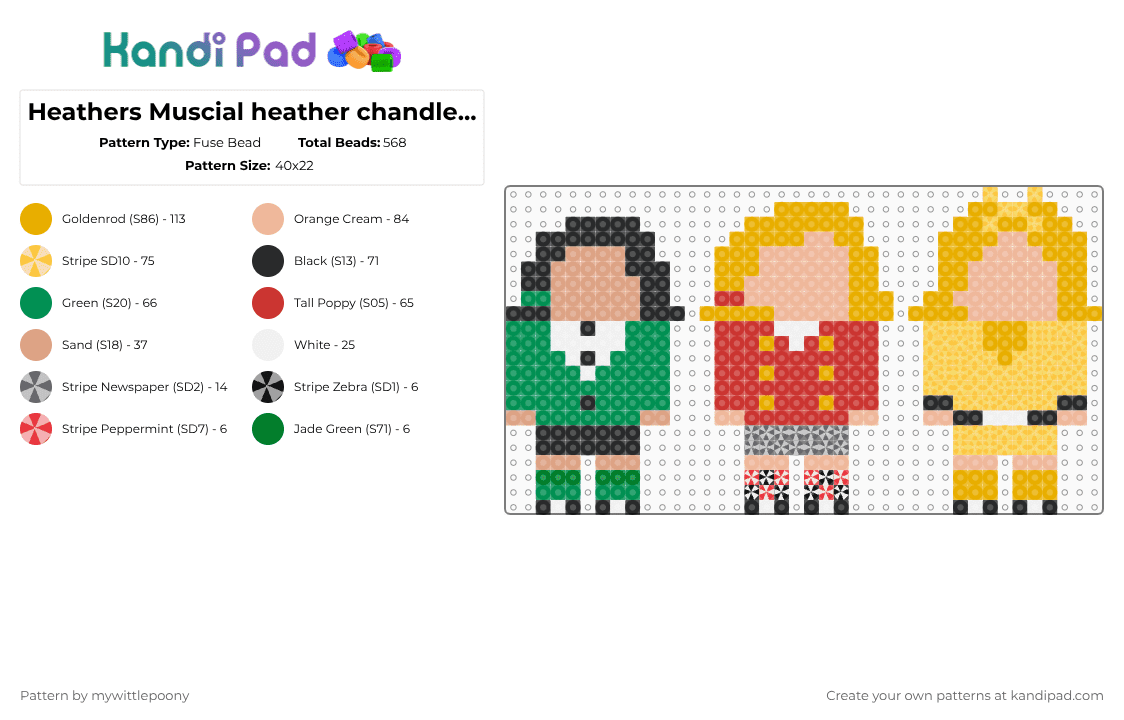 Heathers Muscial heather chandler, heather mcnamara, heather duke - Fuse Bead Pattern by mywittlepoony on Kandi Pad - beige,orange,green,colorful,cotdmusicals,heathers musica,heathers,musical,fuse beads,heather chandler,heather duke