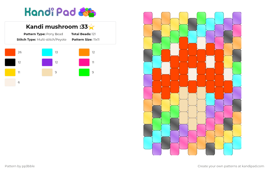 Kandi mushroom :33⭐ - Pony Bead Pattern by pp3bble on Kandi Pad - red,orange,light blue,purple,mushroom,rainbow,wow,white,peach,cool,pretty easy