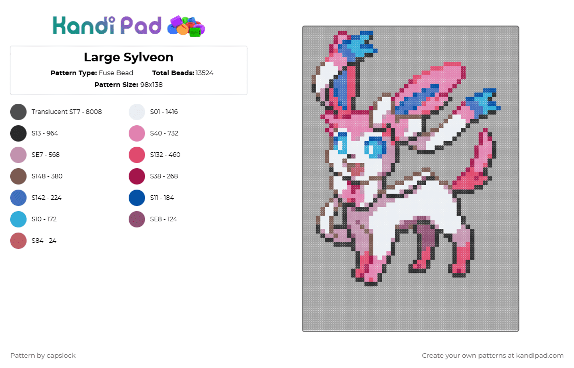 Large Sylveon - Fuse Bead Pattern by capslock on Kandi Pad - gray,pink,pokemon,sylveon,large