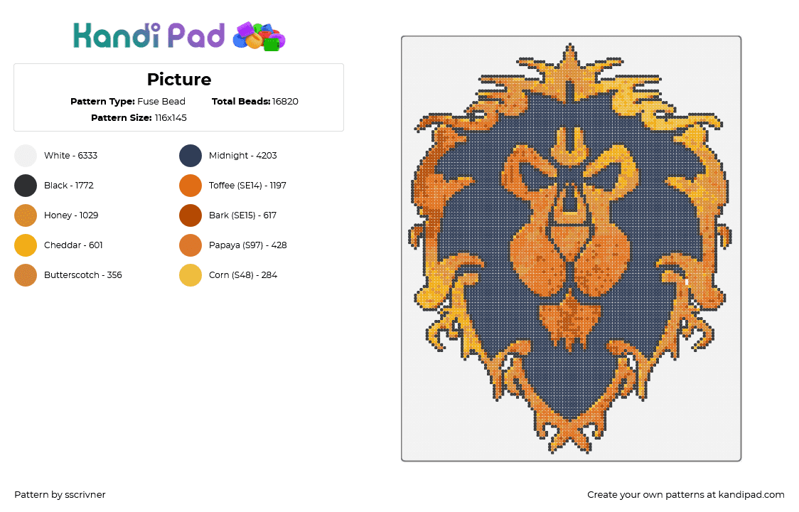 Picture - Fuse Bead Pattern by sscrivner on Kandi Pad - lion,animal,crest,orange