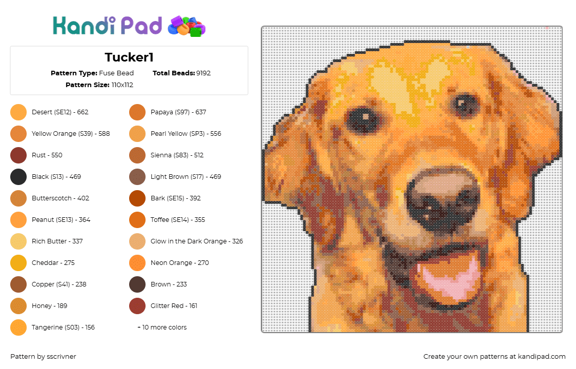 Tucker1 - Fuse Bead Pattern by sscrivner on Kandi Pad - golden retriever,dog,animal,pet,cute,orange