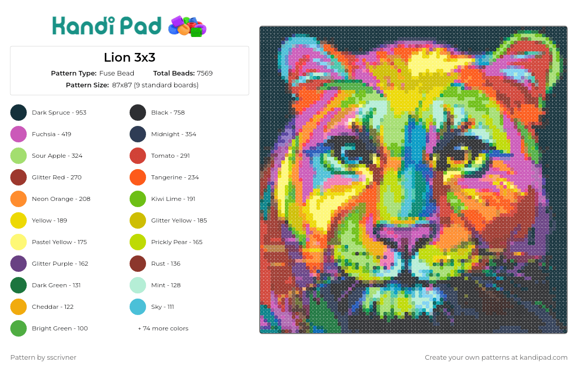 Lion 3x3 - Fuse Bead Pattern by sscrivner on Kandi Pad - lion,painting,colorful,wildlife,majestic,art,vibrant,animal,portrait
