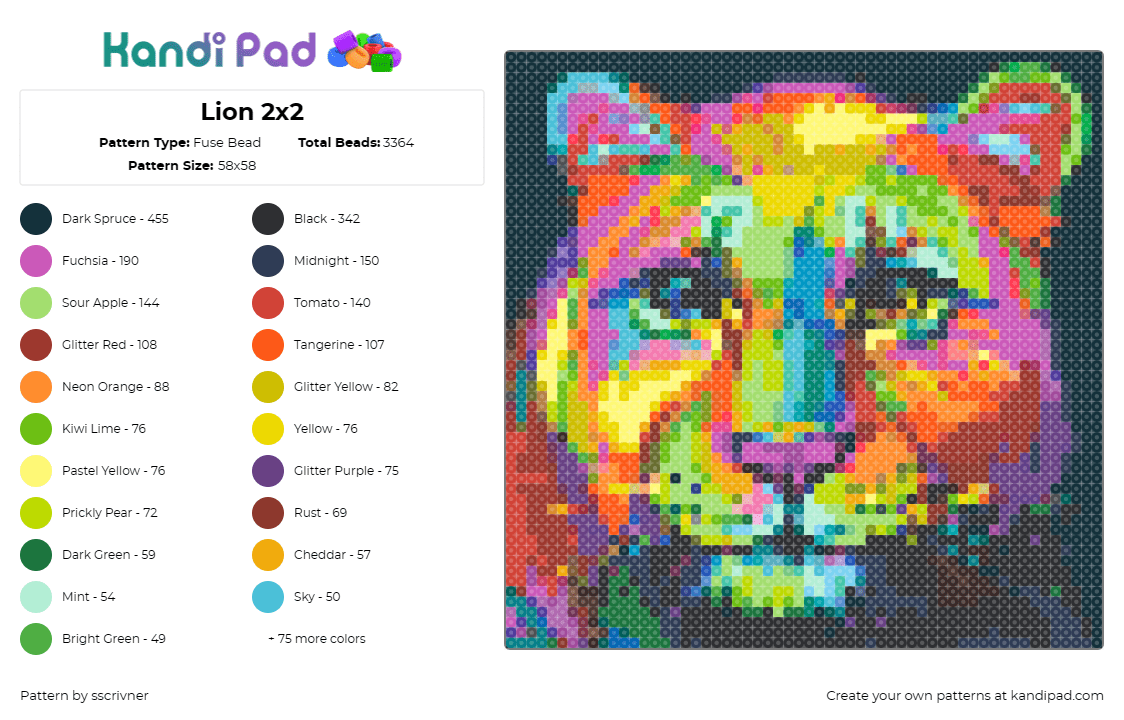 Lion 2x2 - Fuse Bead Pattern by sscrivner on Kandi Pad - lion,painting,colorful,wildlife,regal,art,animal,portrait