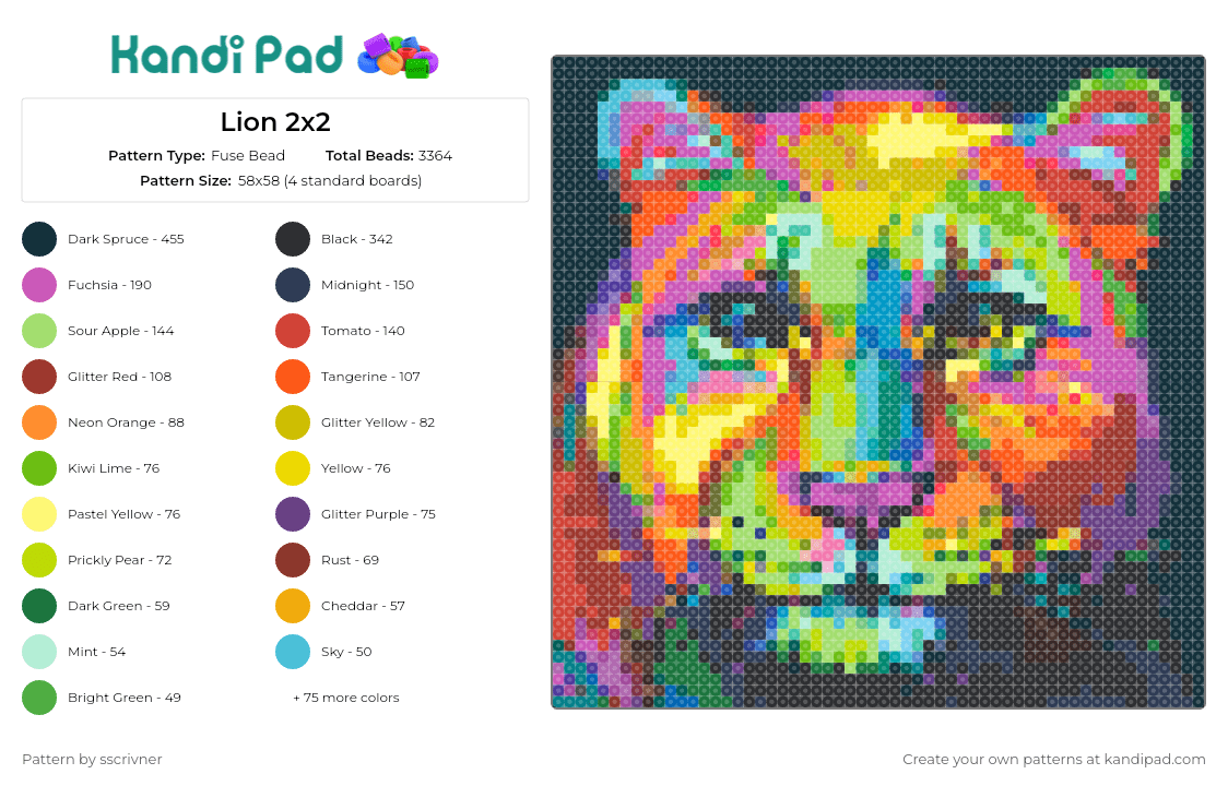 Lion 2x2 - Fuse Bead Pattern by sscrivner on Kandi Pad - lion,painting,colorful,wildlife,regal,art,vivid,animal,portrait