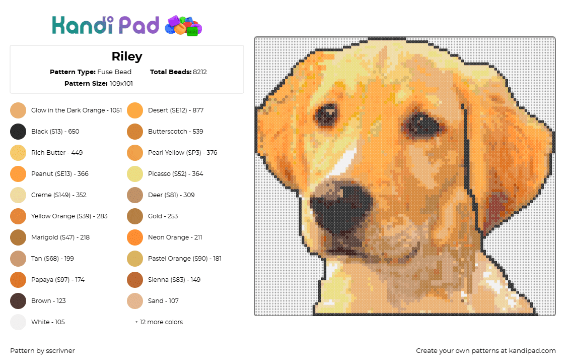 Riley - Fuse Bead Pattern by sscrivner on Kandi Pad - golden retriever,puppy,dog,pet,cute,portrait,orange,tan