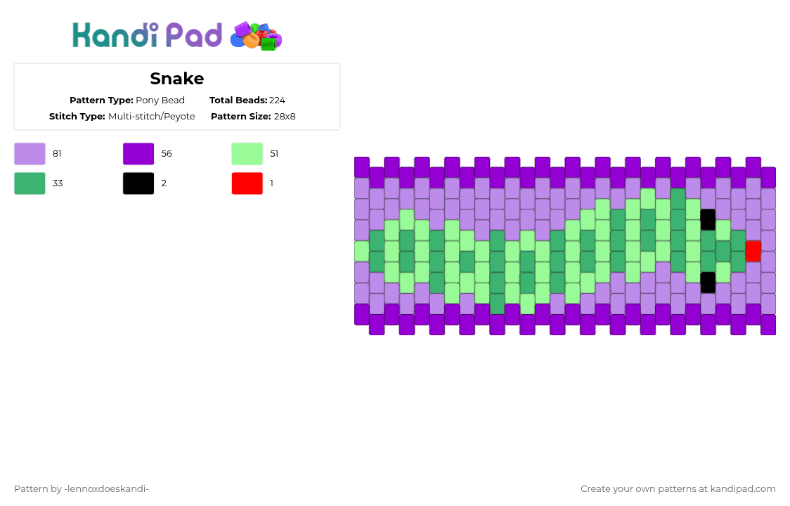 Snake - Pony Bead Pattern by -lennoxdoeskandi- on Kandi Pad - pink,teal,purple,snake,green