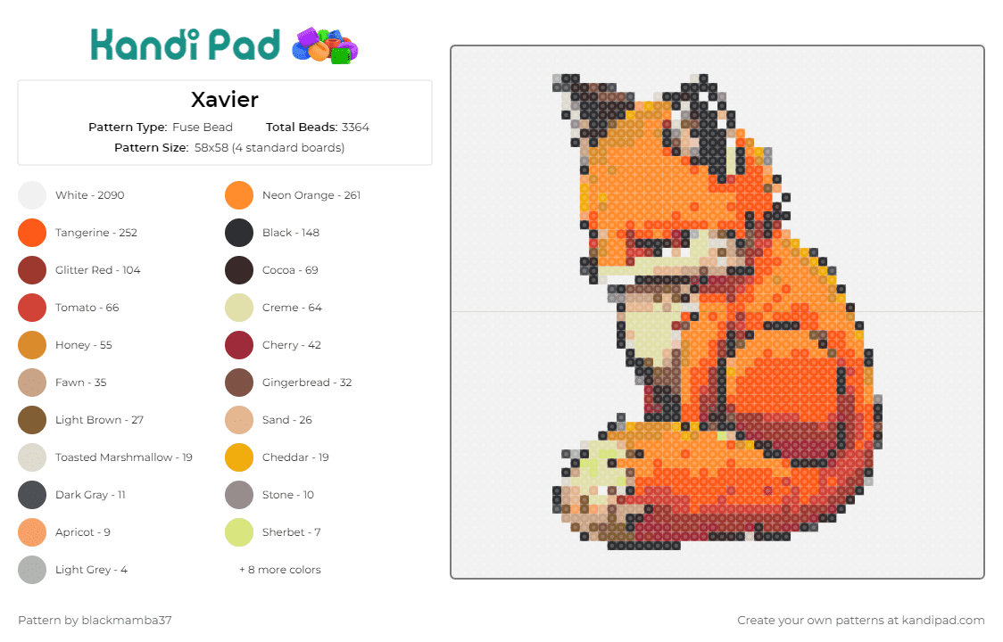 Xavier - Fuse Bead Pattern by blackmamba37 on Kandi Pad - fox,animal,fauna,wildlife,sitting,forest,graceful,poised,orange