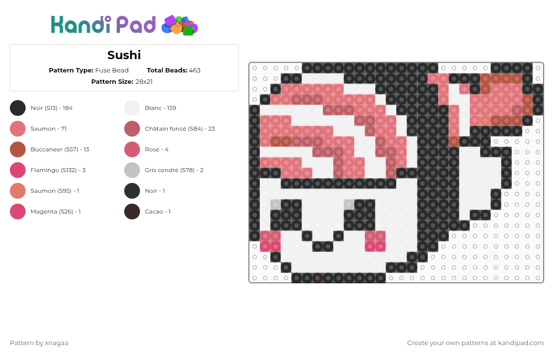 Sushi - Fuse Bead Pattern by xnagaa on Kandi Pad - sushi,kawaii,food,cute,meal,fish,japanese,plate,cuisine,animal,white,red