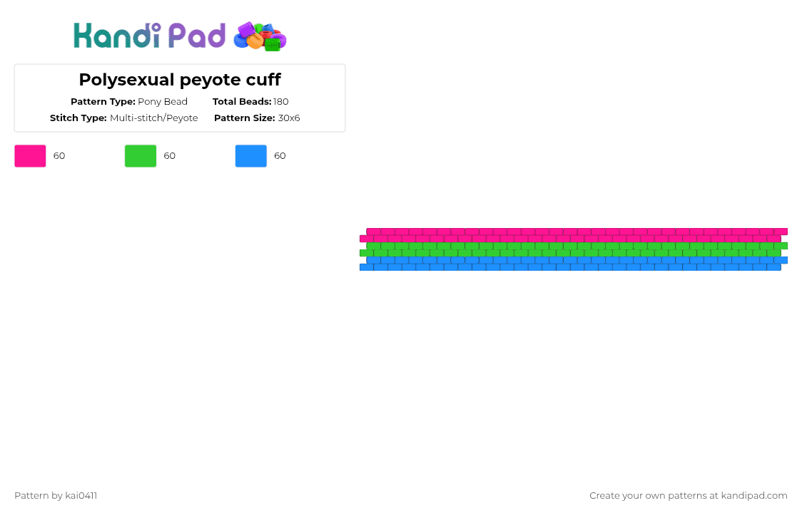 Polysexual peyote cuff - Pony Bead Pattern by kai0411 on Kandi Pad - pink,green,light blue,pride,lgbtq,polysexual,peyote,cuff