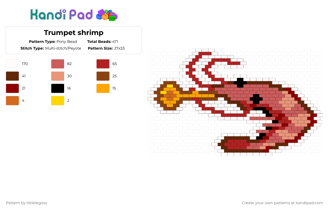 Trumpet shrimp - Pony Bead Pattern by littlelegoss on Kandi Pad - shrimp,trumpet,charm,instrument,crustacean,animal,underwater,marine life,music,red