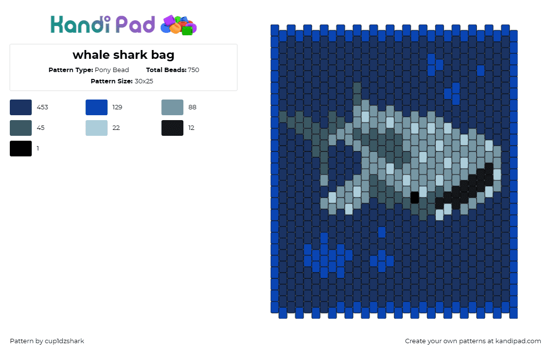 whale shark bag - Pony Bead Pattern by cup1dzshark on Kandi Pad - shark,fish,animal,underwater,bag,panel,marine,oceanic,whale shark,majestic,blue,